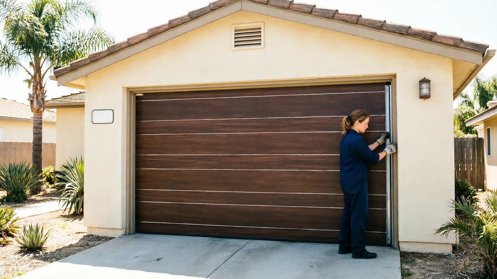A technician in a blue uniform adjusts the weather stripping on a brown garage door.