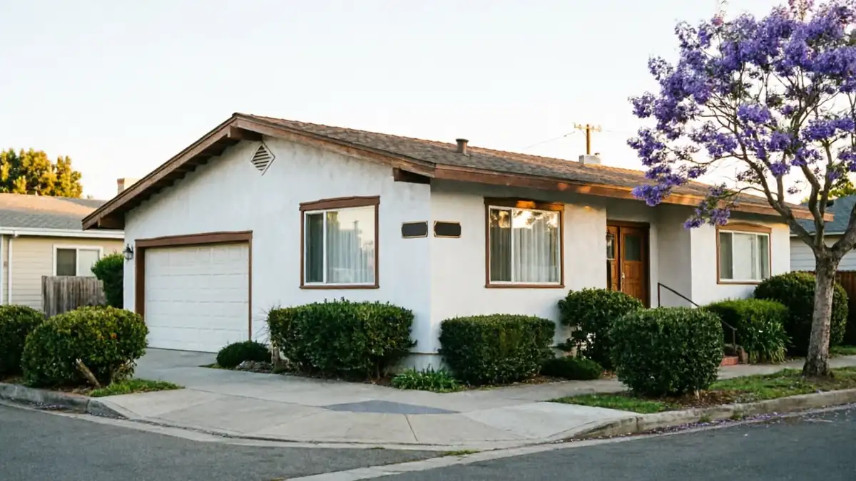 A white house with a white garage door, brown trim, and green bushes.