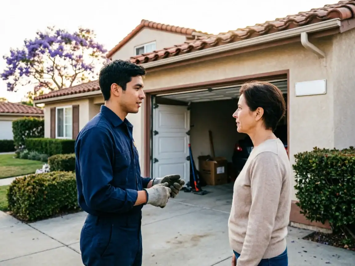 A technician in a blue uniform talks to a woman in front of a house.