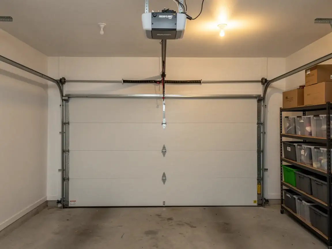 A white garage door is closed in a garage with a storage shelf.