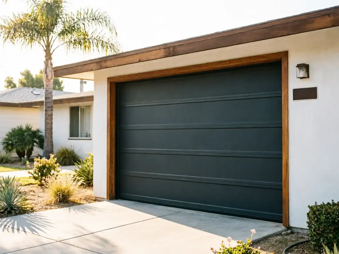 A dark gray garage door with a wooden frame on a white house.