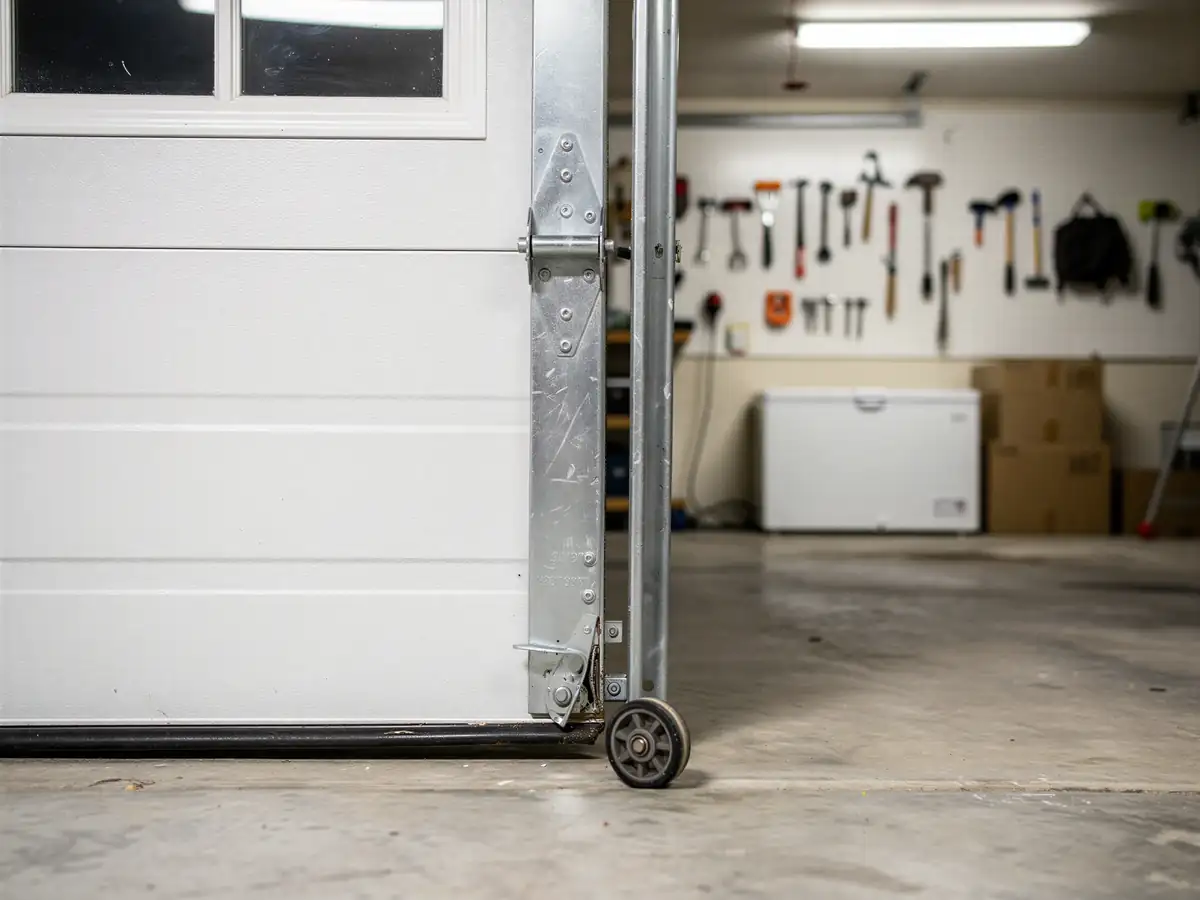 A white garage door is open, showing a garage interior with tools.
