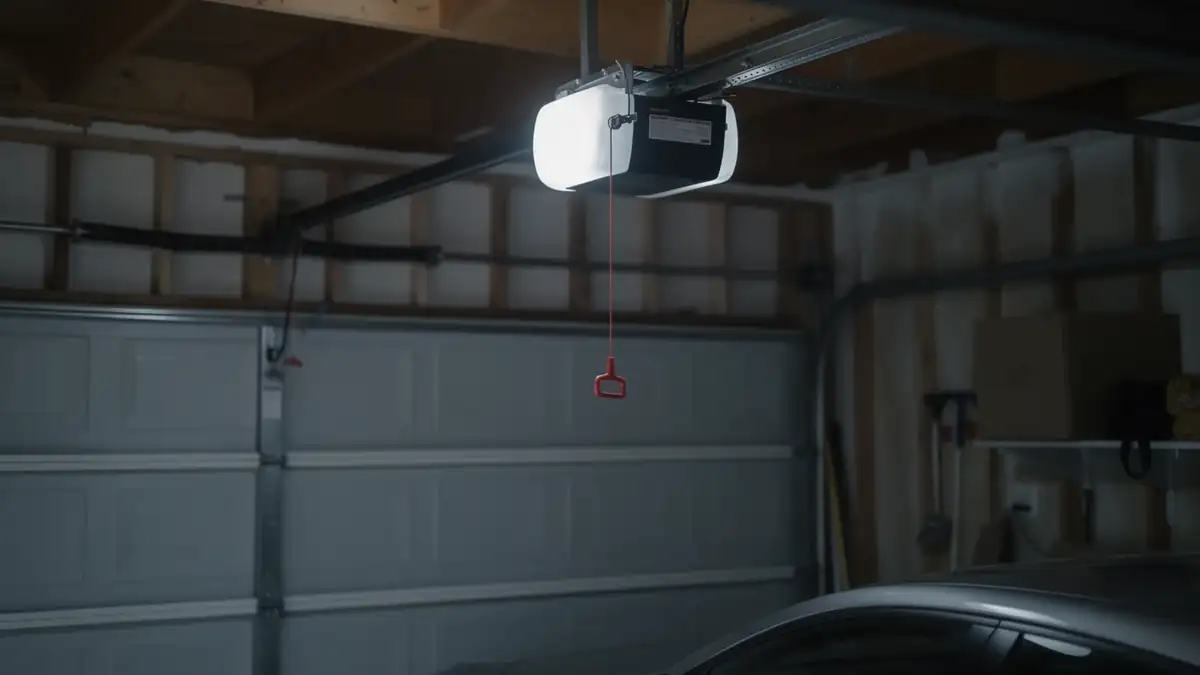 A garage door opener with a red pull cord hangs above a closed white garage door.
