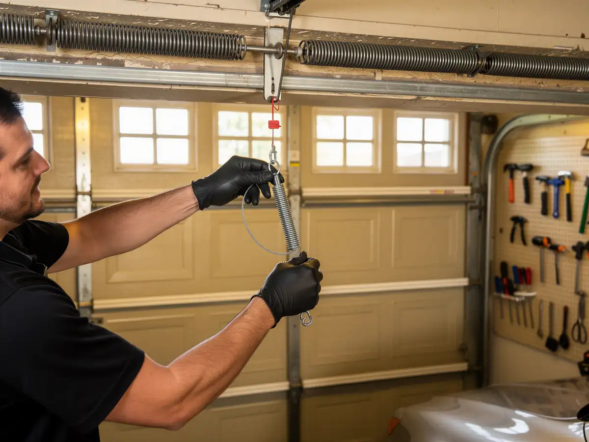 A technician in black gloves holds a garage door spring.
